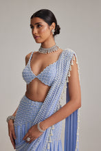 Load image into Gallery viewer, Dew Blue Linear Mirror And Pearl Embroidered Draped Saree Set