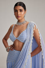 Load image into Gallery viewer, Dew Blue Linear Mirror And Pearl Embroidered Draped Saree Set