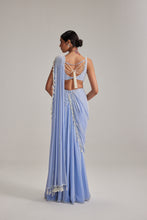 Load image into Gallery viewer, Dew Blue Linear Mirror And Pearl Embroidered Draped Saree Set