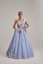 Load image into Gallery viewer, Dew Blue linear Mirror Organza Lehenga Set