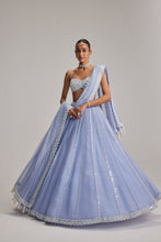 Load image into Gallery viewer, Dew Blue linear Mirror Organza Lehenga Set