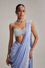 Load image into Gallery viewer, Dew Blue Satin Draped Saree Set