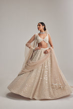 Load image into Gallery viewer, Light Beige Dense mirror and pearl lehenga set with Double Dupatta and Veil