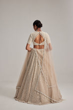 Load image into Gallery viewer, Light Beige dense mirror and pearl lehenga set with high neck blouse and Double Dupatta