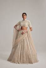 Load image into Gallery viewer, Light Beige dense mirror and pearl lehenga set with high neck blouse and Double Dupatta