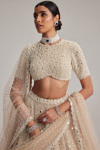 Load image into Gallery viewer, Light Beige dense mirror and pearl lehenga set with high neck blouse and Double Dupatta