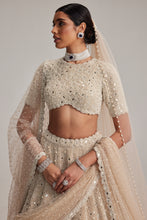 Load image into Gallery viewer, Light Beige Dense Pearl and mirror Lehenga Set with High Neck Blouse, Double Dupatta and Veil