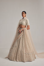 Load image into Gallery viewer, Light Beige Dense Pearl and mirror Lehenga Set with High Neck Blouse, Double Dupatta and Veil