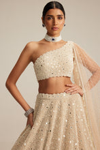 Load image into Gallery viewer, Light Beige Dense mirror and pearl one shoulder lehenga set