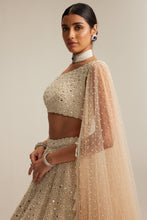 Load image into Gallery viewer, Light Beige Dense mirror and pearl one shoulder lehenga set