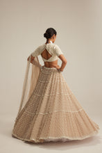 Load image into Gallery viewer, Light Beige Pearl Drop Multi Tier Lehenga With High Neck Blouse Set.