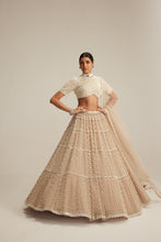 Load image into Gallery viewer, Light Beige Pearl Drop Multi Tier Lehenga With High Neck Blouse Set.
