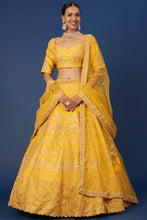 Load image into Gallery viewer, Mustard raw silk sequins and thread embroidered lehenga