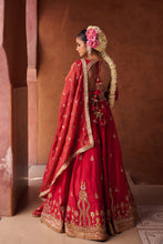 Load image into Gallery viewer, Reddish coral upada silk blouse, lehenga and shimmer tissue dupatta