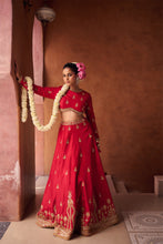 Load image into Gallery viewer, Reddish coral upada silk blouse, lehenga and shimmer tissue dupatta