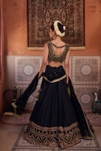 Load image into Gallery viewer, Black and mehendi green embellished blouse, lehenga and dupatta