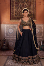 Load image into Gallery viewer, Black and mehendi green embellished blouse, lehenga and dupatta