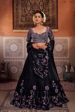 Load image into Gallery viewer, Black glass tissue embroidered blouse, lehenga and dupatta