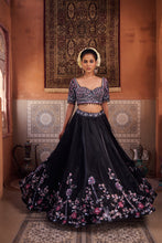 Load image into Gallery viewer, Black glass tissue embroidered blouse, lehenga and dupatta