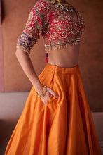 Load image into Gallery viewer, Rust orange and magenta pink upada silk blouse, lehenga and dupatta
