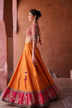 Load image into Gallery viewer, Rust orange and magenta pink upada silk blouse, lehenga and dupatta