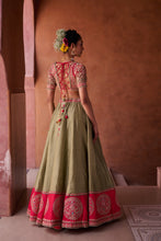 Load image into Gallery viewer, Sage green and Fuchsia upada silk blouse, lehenga and organza dupatta