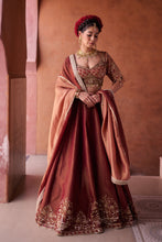 Load image into Gallery viewer, Maroon and beige shimmer tissue silk blouse, lehenga and dupatta