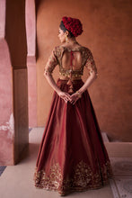 Load image into Gallery viewer, Maroon and beige shimmer tissue silk blouse, lehenga and dupatta