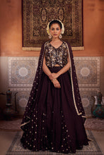 Load image into Gallery viewer, Brown embroidered silk waist coat, lehenga and dupatta