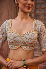 Load image into Gallery viewer, Mustard and Powder blue embroidered blouse, lehenga and dupatta