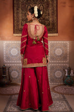 Load image into Gallery viewer, Red upada silk kurti, sharara and shimmer tissue dupatta
