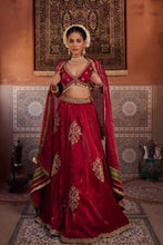 Load image into Gallery viewer, Maroon glass tissue blouse, lehenga and dupatta