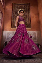 Load image into Gallery viewer, Purple shimmer tissue blouse, lehenga and dupatta