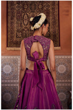 Load image into Gallery viewer, Purple shimmer tissue blouse, lehenga and dupatta