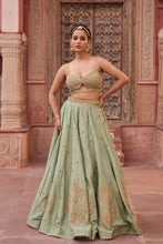 Load image into Gallery viewer, Mint green shimmer tissue Blouse, lehenga and dupatta