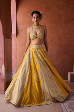 Load image into Gallery viewer, Mustard and sage green silk blouse, lehenga and organza dupatta