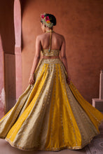 Load image into Gallery viewer, Mustard and sage green silk blouse, lehenga and organza dupatta
