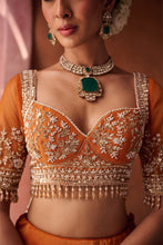 Load image into Gallery viewer, Rust orange embroidered blouse, shimmer tissue lehenga and dupatta