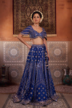 Load image into Gallery viewer, Royal blue dupion silk blouse, lehenga and net dupatta