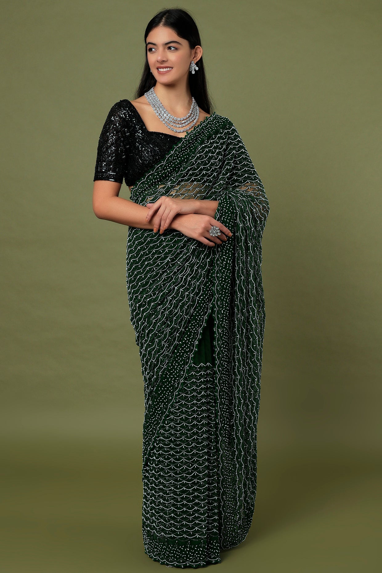 Dark Green Embroidered Saree Set | Sequins Embroidery | Matching Blouse ...