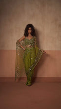Load image into Gallery viewer, Predraped , mehendi green , hand embroidered net & satin saree