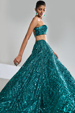 Load image into Gallery viewer, Teal Sequin Lehenga Set