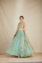 Load image into Gallery viewer, MINT CHIFFON FLORAL LEHENGA SET