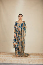 Load image into Gallery viewer, TEAL BLUE CHIFFON FLORAL LEHENGA SET