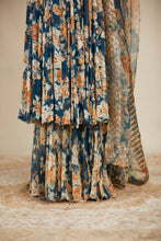 Load image into Gallery viewer, TEAL BLUE CHIFFON FLORAL LEHENGA SET
