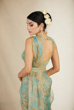 Load image into Gallery viewer, MINT ORGANZA FLORAL SAAREE SET