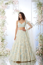 Load image into Gallery viewer, Cream Blue Sequin Lehenga Set