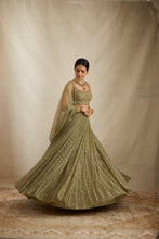 Load image into Gallery viewer, Olive Green Net Crepe Line Embroidered Lehenga Set