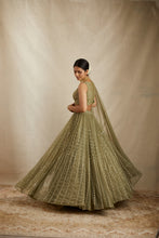 Load image into Gallery viewer, Olive Green Net Crepe Line Embroidered Lehenga Set