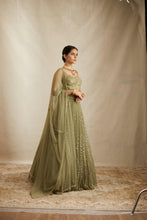 Load image into Gallery viewer, Olive Green Net Crepe Line Embroidered Lehenga Set